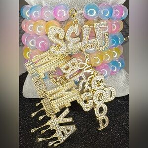 Pastel Ombre Beaded Bracelet 5 Stack with Gold Word Charms